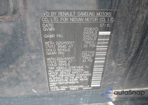 2015 Nissan Rogue Sv z USA, uszkodzony, nr VIN KNMAT2MTXFP589179